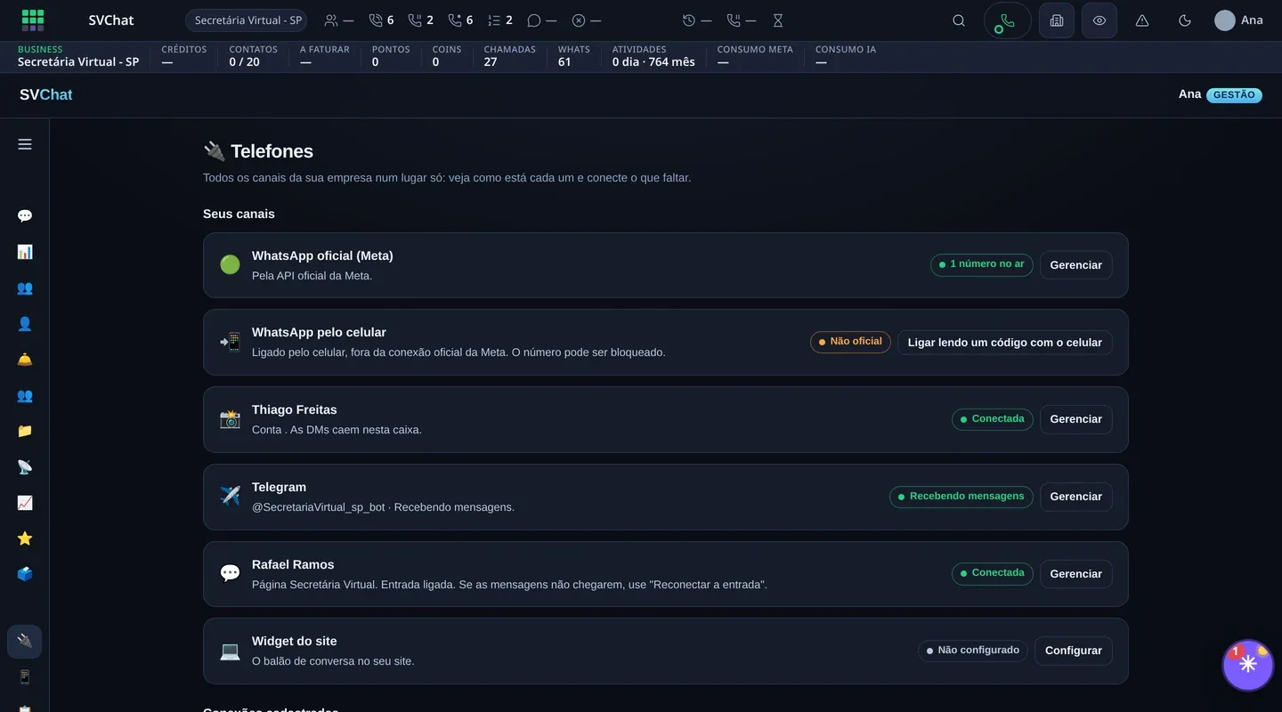 Tela de canais conectados do SVChat